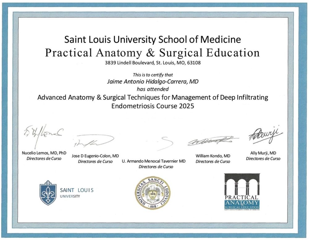 Certificado — Curso de anatomía y técnicas quirúrgicas para endometriosis, Saint Louis University 2025